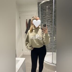 Cropped Sage Green Hoodie with Script Logo - Women's Top